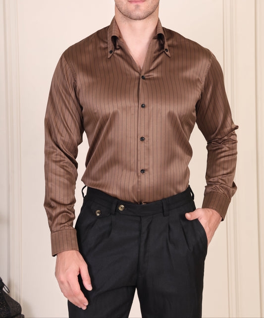 Old Money Brown Satin Stripe One Piece Collar Shirt  by Italian Vega®