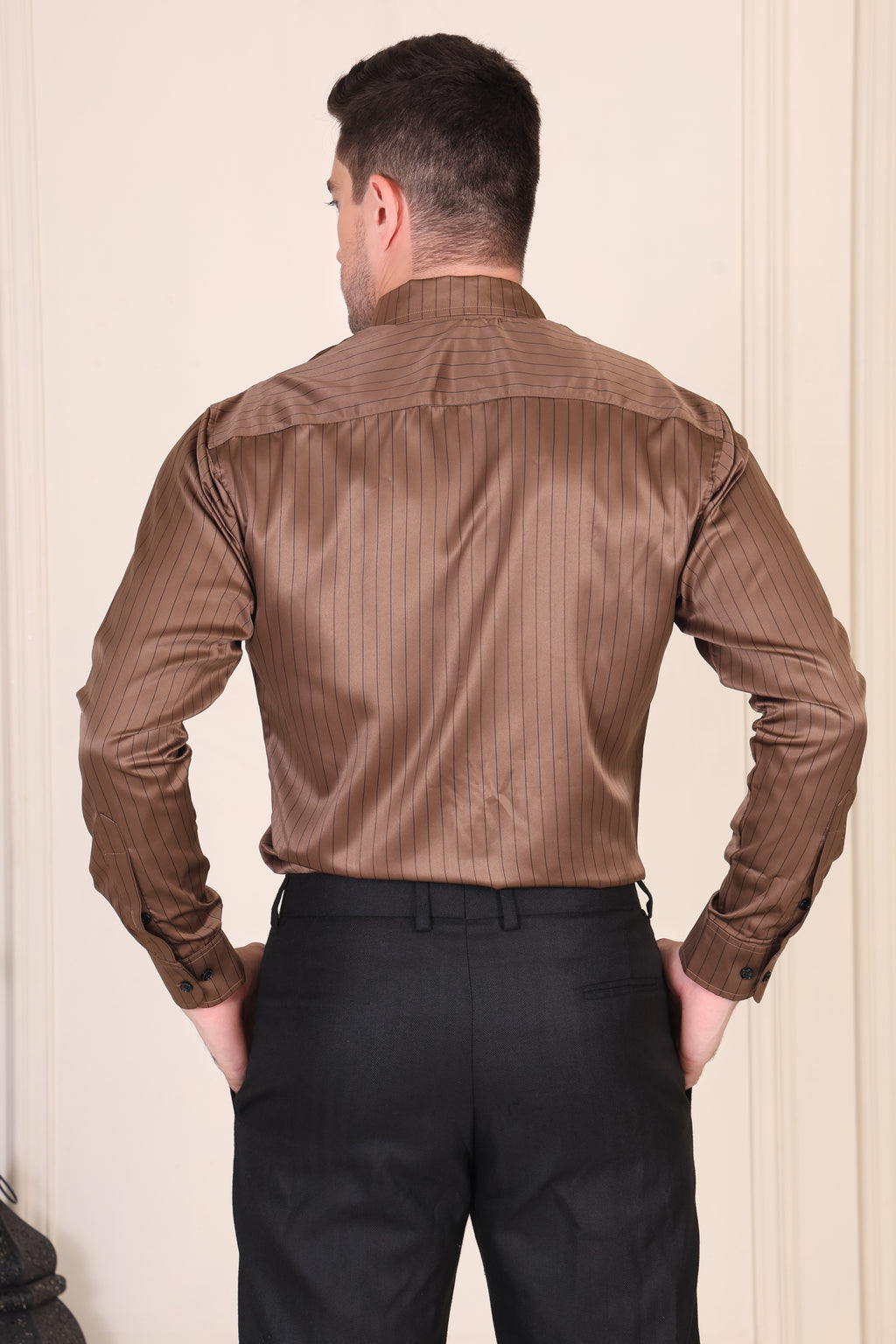 Old Money Brown Satin Stripe One Piece Collar Shirt  by Italian Vega®