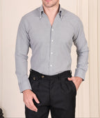 Grey textured cotton viscose shirt with one piece collar for men by Italian Vega®, styled with black trousers.