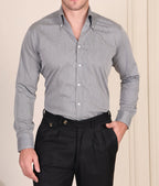 Black and white micro pinstripe cotton viscose shirt with one piece collar for men by Italian Vega®, styled with black trousers.
