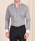 Grey micro pinstripe cotton viscose shirt with white contrast collar and cuffs for men by Italian Vega®, styled with black trousers.