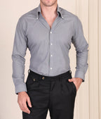 Grey micro check cotton viscose one piece collar shirt for men by Italian Vega®, styled with black trousers.