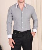 Grey textured cotton viscose shirt with white contrast collar and cuffs for men by Italian Vega®, styled with black trousers.