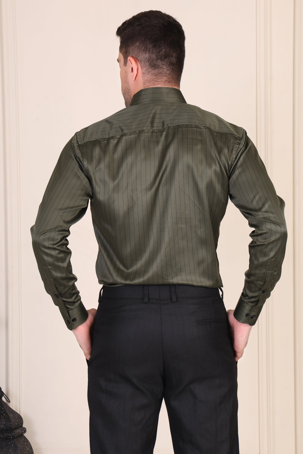 Old Money Olive Satin Stripe One Piece Collar Shirt by Italian Vega®