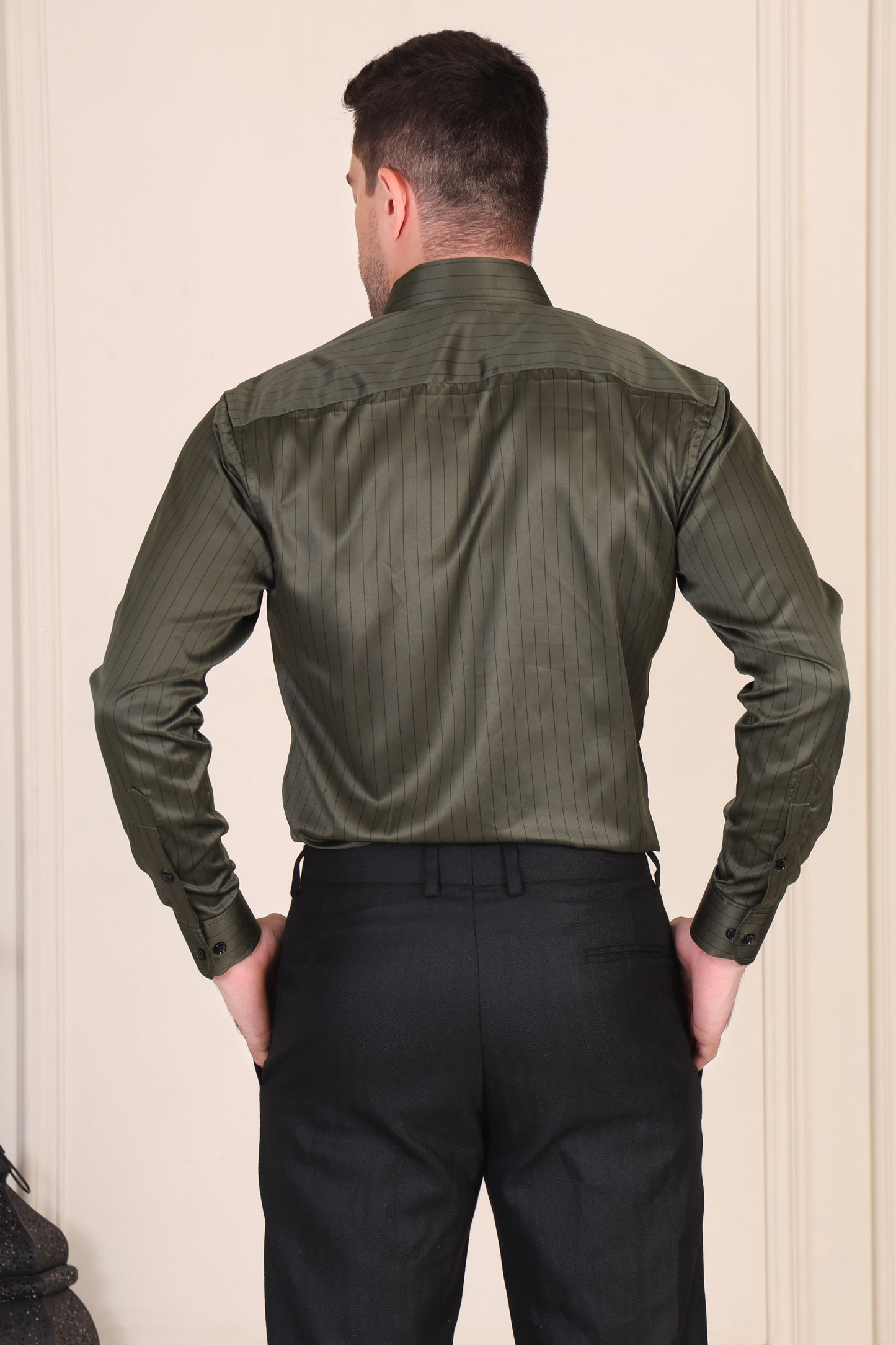 Old Money Olive Satin Stripe One Piece Collar Shirt by Italian Vega®