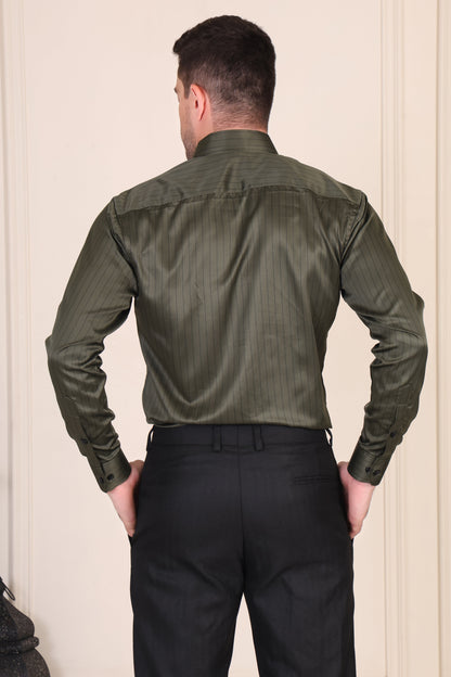 Old Money Olive Satin Stripe One Piece Collar Shirt by Italian Vega®