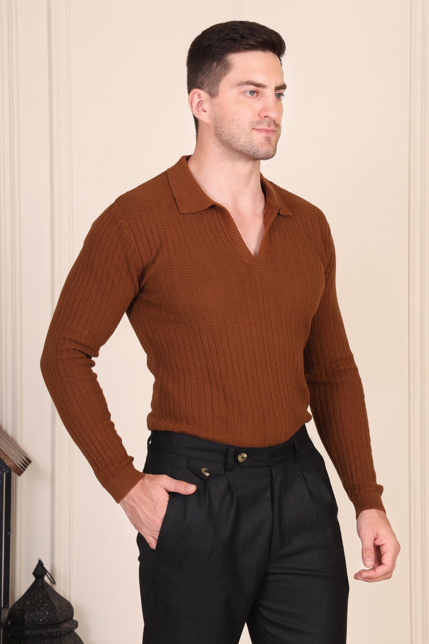Herringbone Brown Full Sleeves Knit Polo by ITALIAN VEGA®