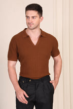 Herringbone Brown Half Sleeve Knit Polo by ITALIAN VEGA®