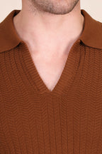 Herringbone Brown Half Sleeve Knit Polo by ITALIAN VEGA®