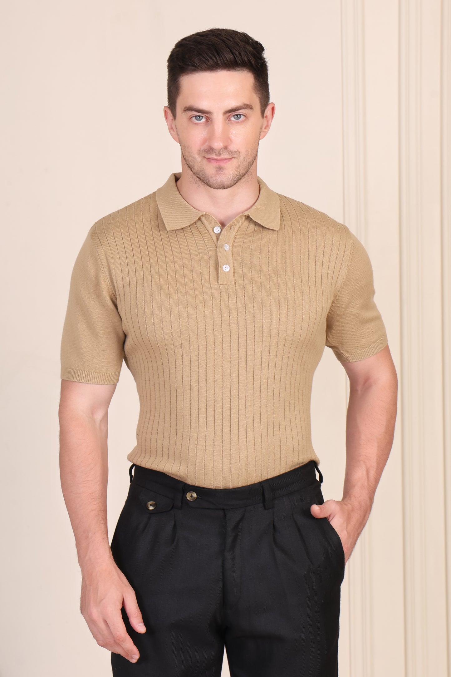 Beige Wide Stripes Half Sleeves Knit Polo by ITALIAN VEGA