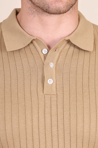 Beige Wide Stripes Half Sleeves Knit Polo by ITALIAN VEGA