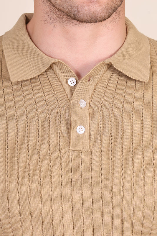 Beige Wide Stripes Half Sleeves Knit Polo by ITALIAN VEGA