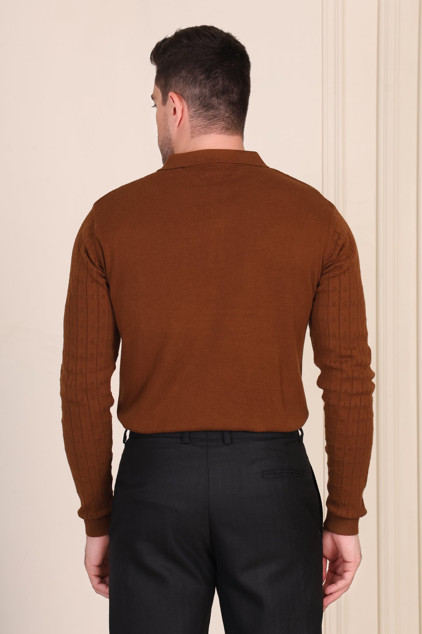 Brown Wide Stripes Full Sleeves Knit Polo by ITALIAN VEGA