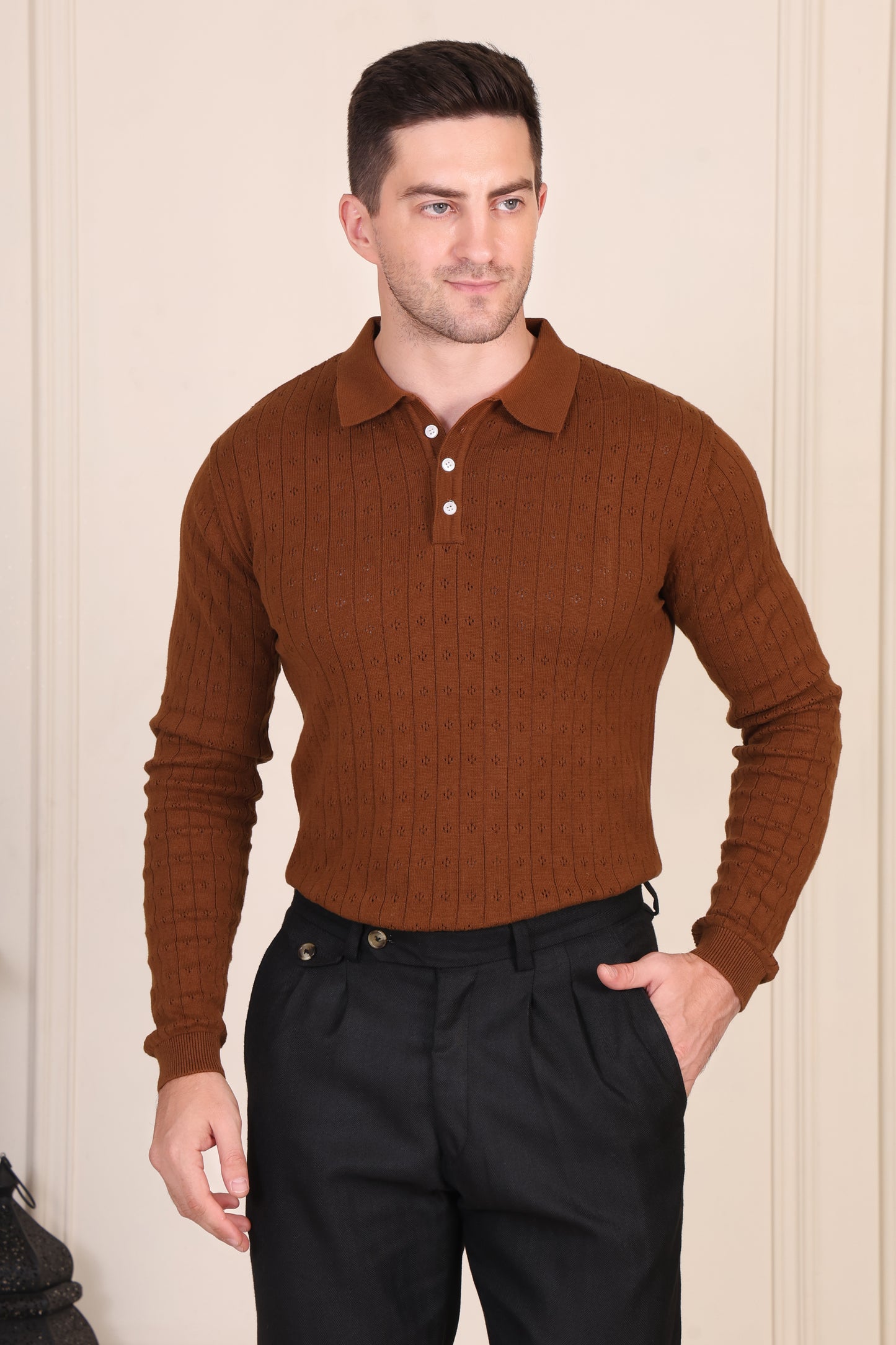 Brown Wide Stripes Full Sleeves Knit Polo by ITALIAN VEGA