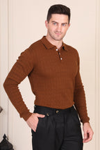 Brown Wide Stripes Full Sleeves Knit Polo by ITALIAN VEGA