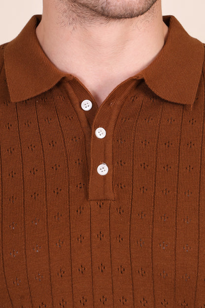 Brown Wide Stripes Full Sleeves Knit Polo by ITALIAN VEGA