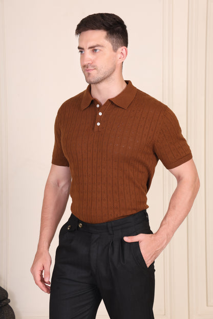Brown Wide Stripes Half Sleeves Knit Polo by ITALIAN VEGA