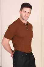 Brown Wide Stripes Half Sleeves Knit Polo by ITALIAN VEGA