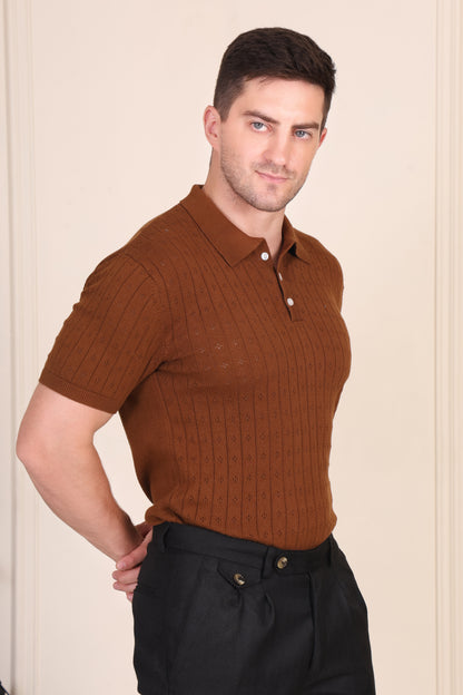 Brown Wide Stripes Half Sleeves Knit Polo by ITALIAN VEGA