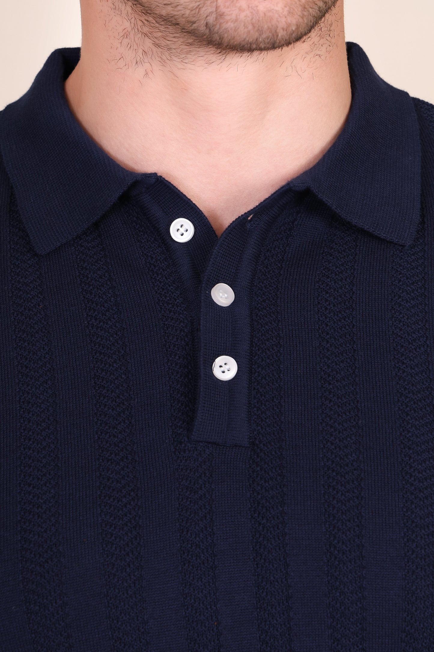 Herringbone Navy Full Sleeves Knit Polo by ITALIANVEGA