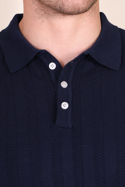 Herringbone Navy Full Sleeves Knit Polo by ITALIANVEGA