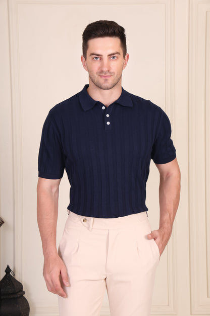 Herringbone Navy Knit Polo by ITALIANVEGA®
