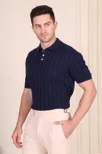 Herringbone Navy Half Sleeve Knit Polo by ITALIANVEGA®