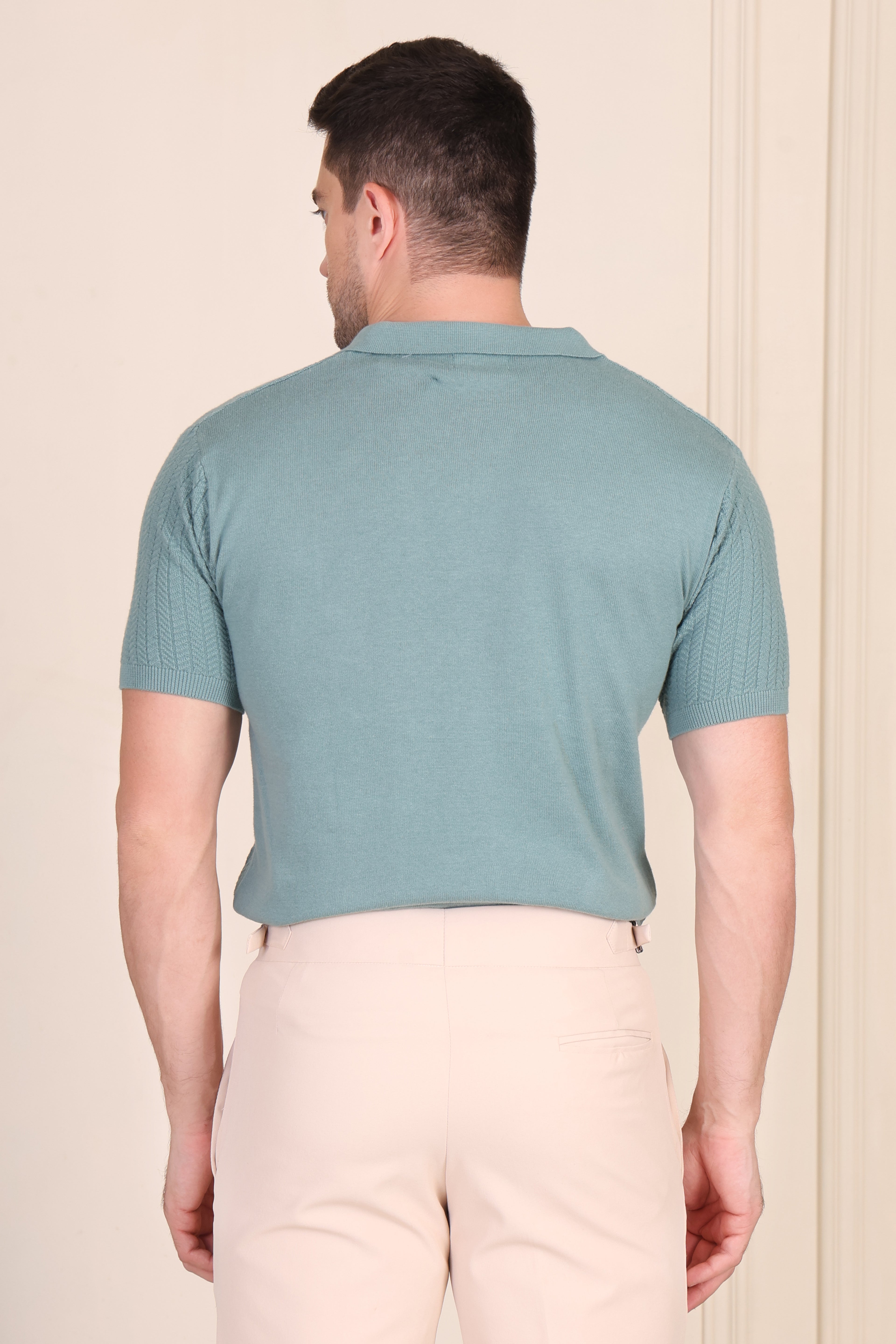 Herringbone Sage Green Half Sleeve Knit Polo by ITALIAN VEGA®