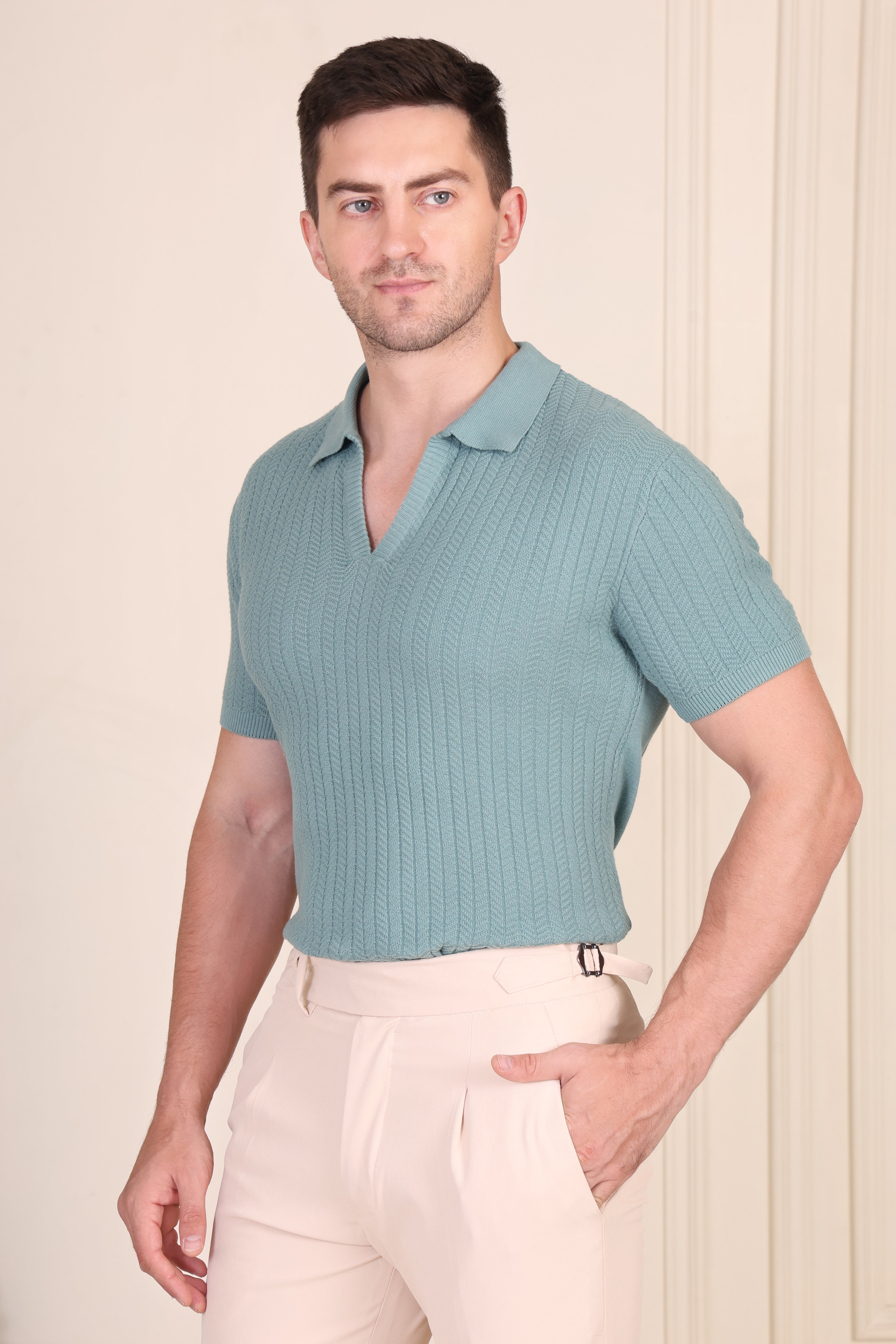 Herringbone Sage Green Half Sleeve Knit Polo by ITALIAN VEGA®