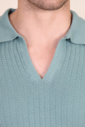 Herringbone Sage Green Half Sleeve Knit Polo by ITALIAN VEGA®