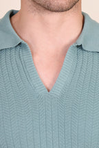 Herringbone Sage Green Half Sleeve Knit Polo by ITALIAN VEGA®