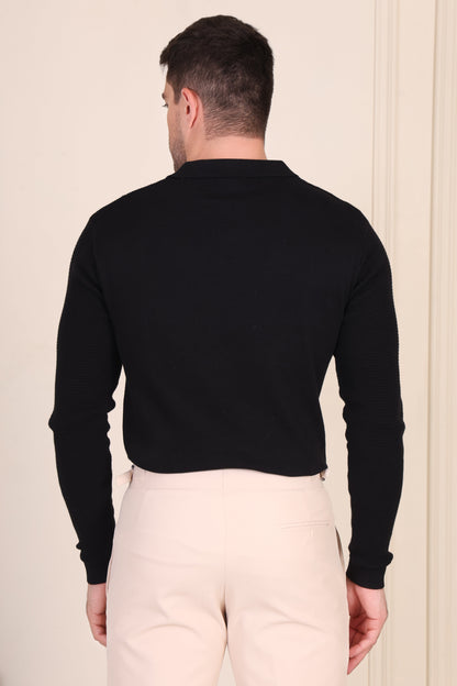 Black Flat Knit Polo Full Sleeves by ITALIANVEGA®