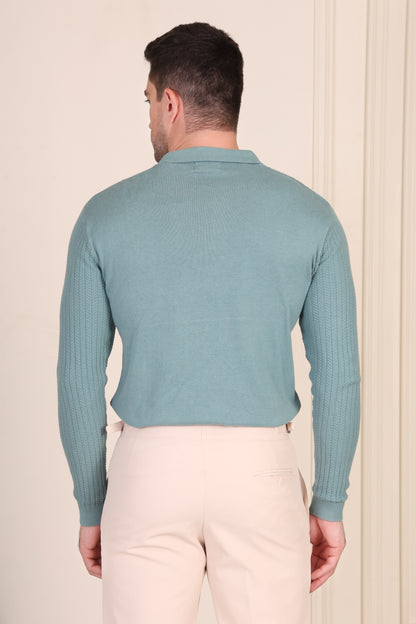 Herringbone Sage Green Full Sleeves Knit Polo by ITALIANVEGA
