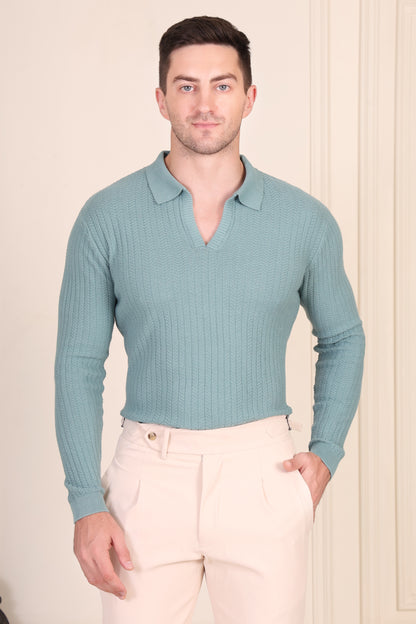 Herringbone Sage Green Full Sleeves Knit Polo by ITALIANVEGA