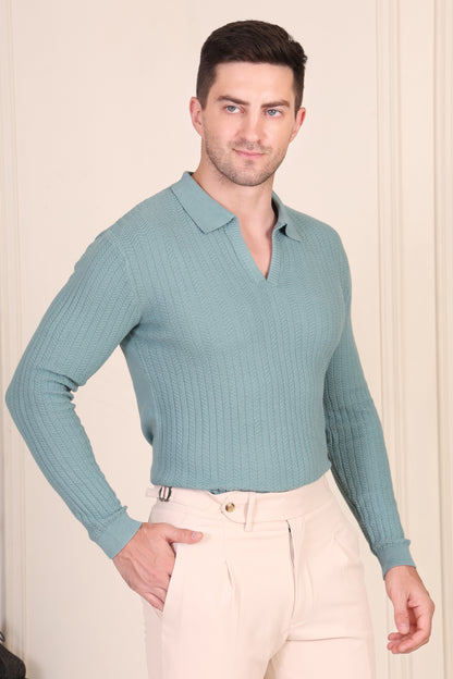 Herringbone Sage Green Full Sleeves Knit Polo by ITALIANVEGA