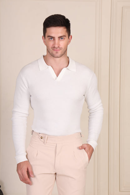 White Flat Knit Polo Full Sleeves by ITALIANVEGA®