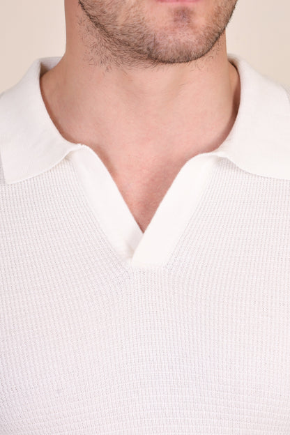 White Flat Knit Polo Full Sleeves by ITALIANVEGA®
