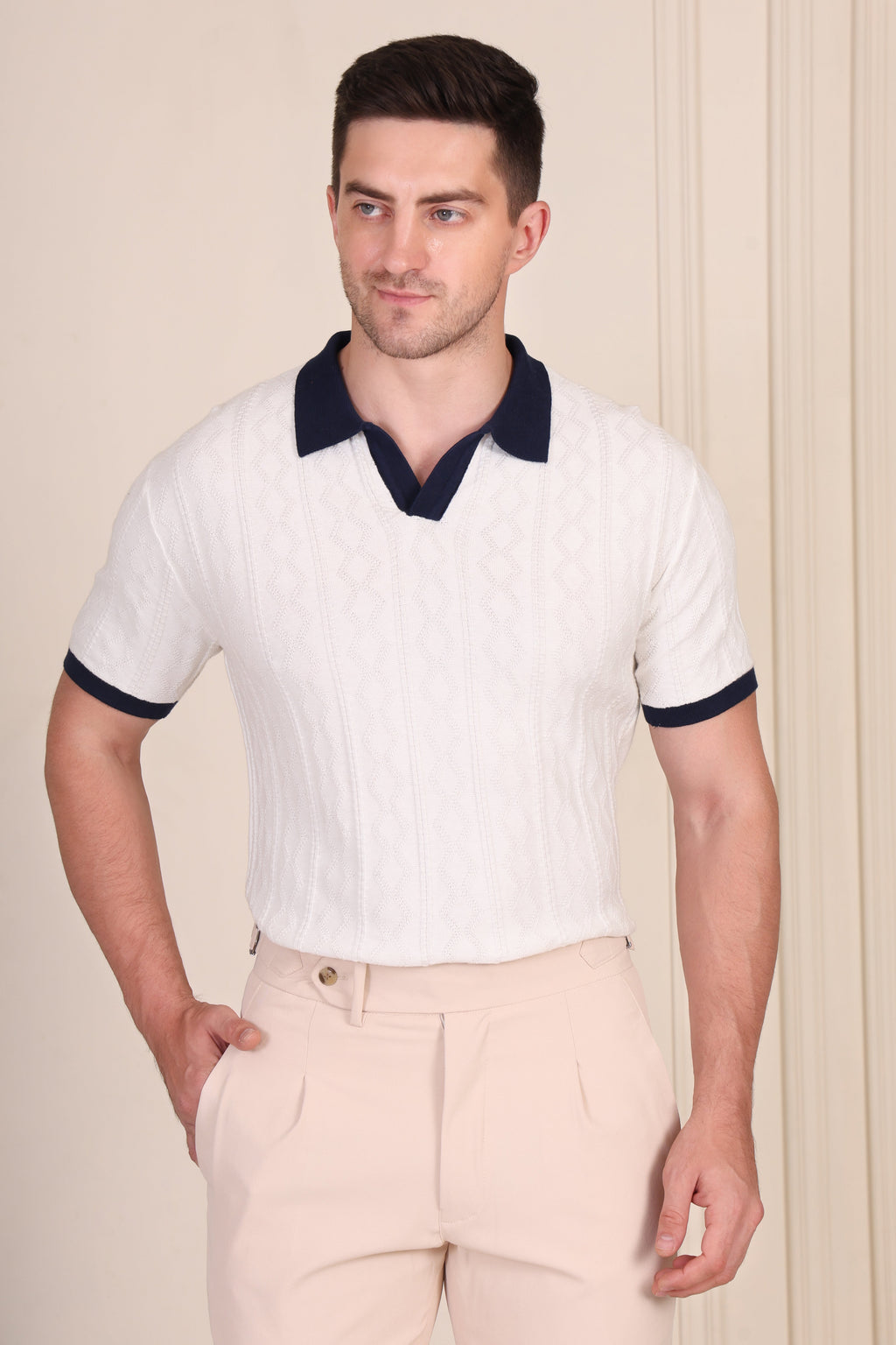 White Diamond Cable Half Sleeve Knit Polo by ITALIAN VEGA®