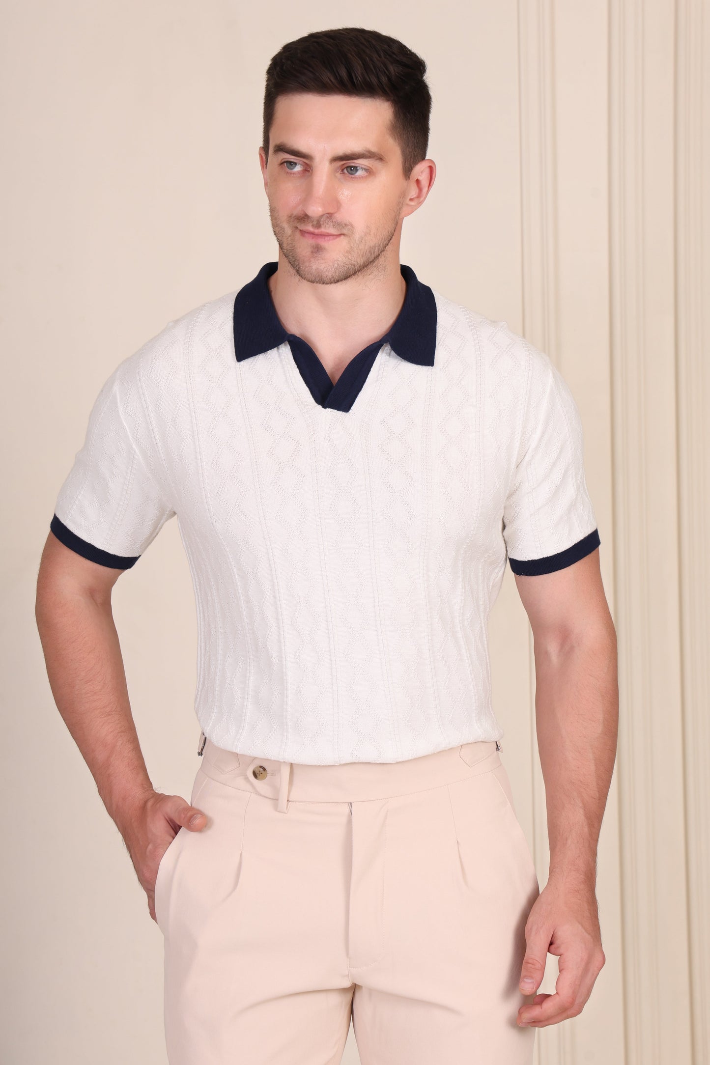 White Diamond Cable Knit Polo by ITALIAN VEGA®