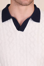 White Diamond Cable Half Sleeve Knit Polo by ITALIAN VEGA®