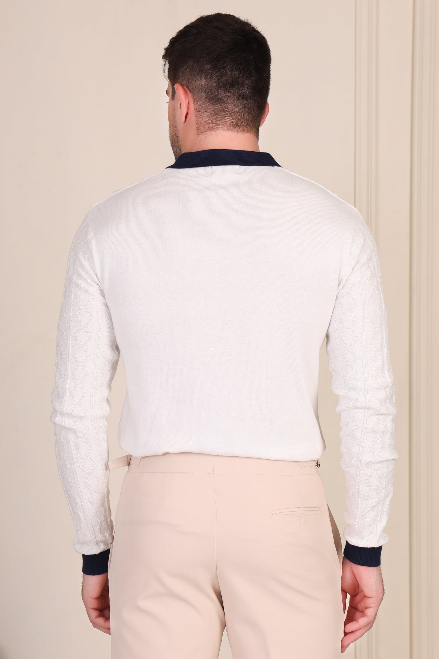 White Diamond Cable Knit Full Sleeves Polo by ITALIAN VEGA®