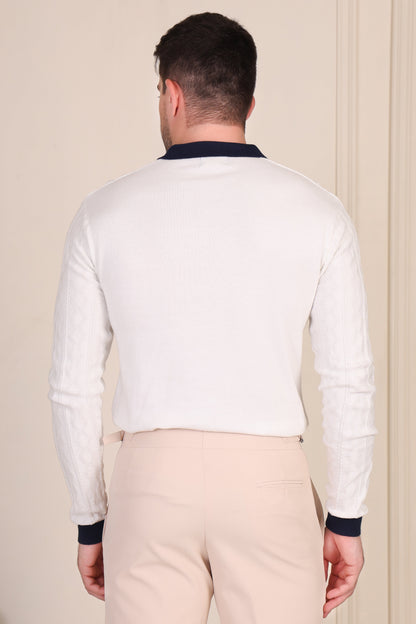 White Diamond Cable Knit Full Sleeves Polo by ITALIAN VEGA®