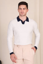 White Diamond Cable Knit Full Sleeves Polo by ITALIAN VEGA®