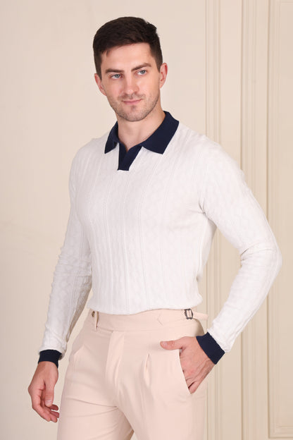 White Diamond Cable Knit Full Sleeves Polo by ITALIAN VEGA®