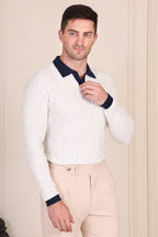 White Diamond Cable Knit Full Sleeves Polo by ITALIAN VEGA®