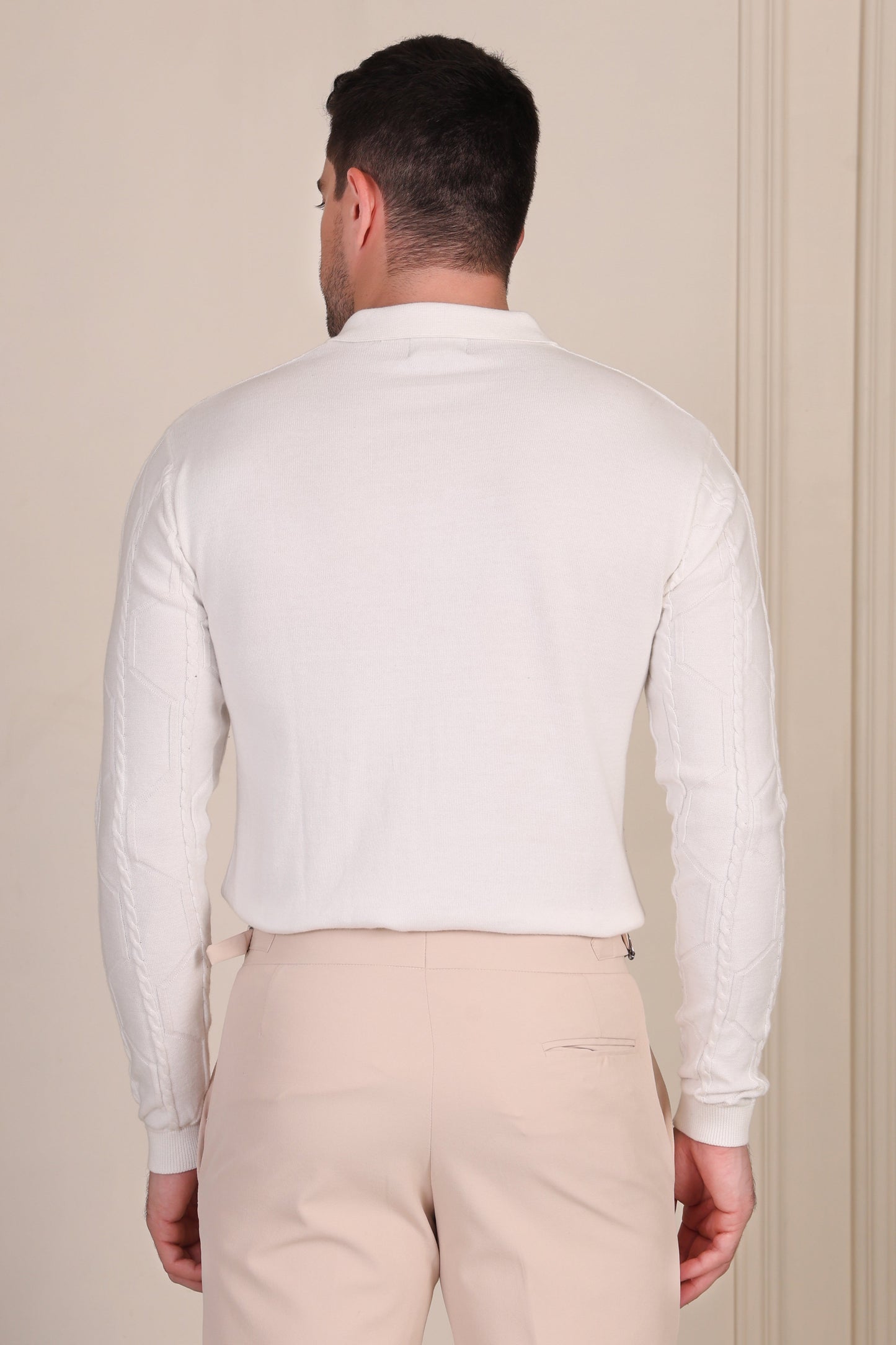 White Cable Knit Full Sleeves Polo by ITALIAN VEGA®