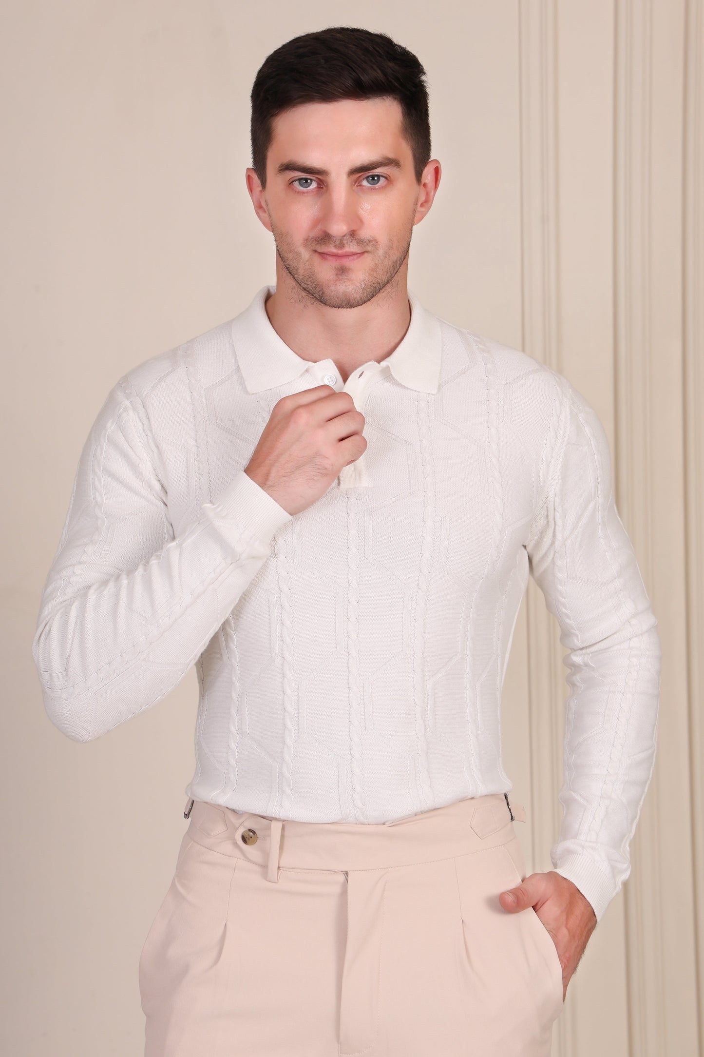 White Cable Knit Full Sleeves Polo by ITALIAN VEGA®