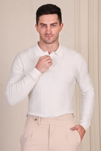 White Cable Knit Full Sleeves Polo by ITALIAN VEGA®