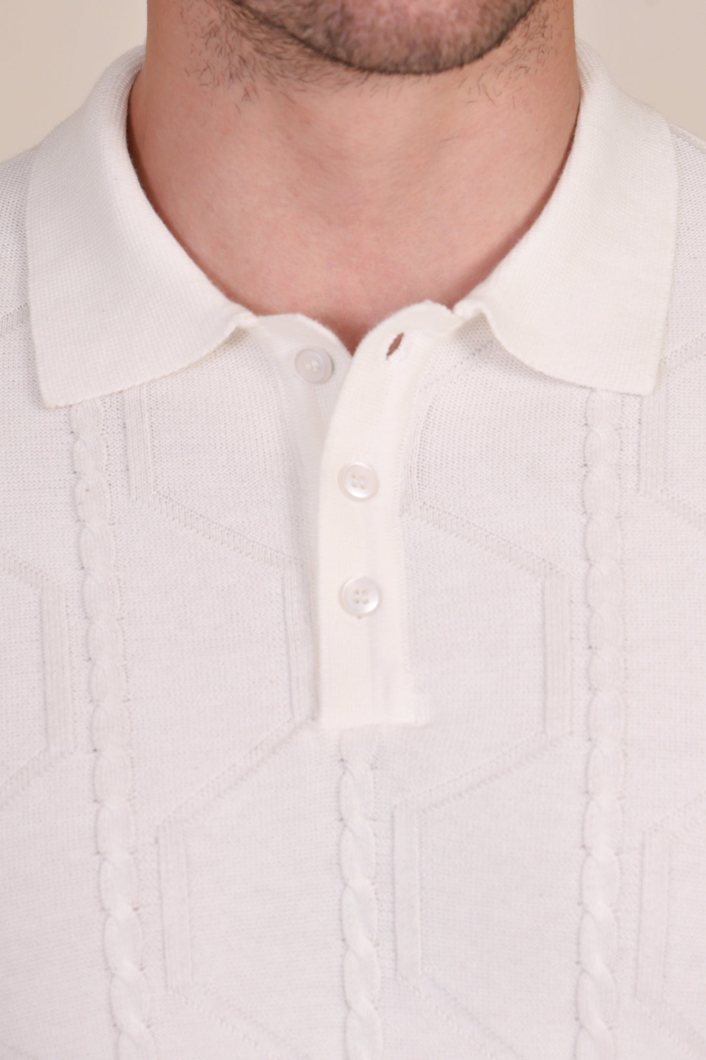 White Cable Knit Full Sleeves Polo by ITALIAN VEGA®