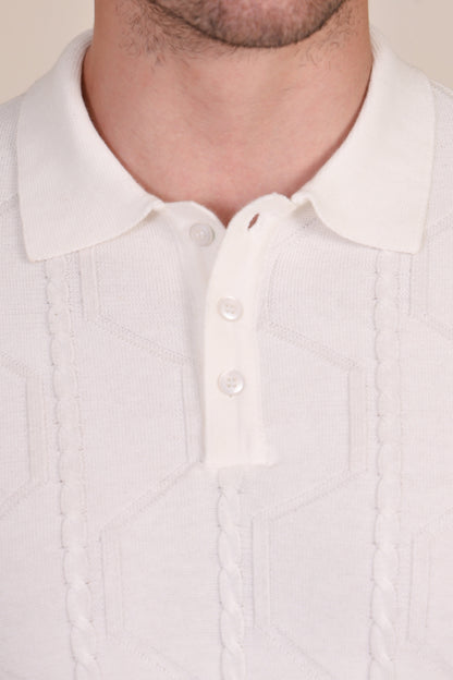 White Cable Knit Full Sleeves Polo by ITALIAN VEGA®